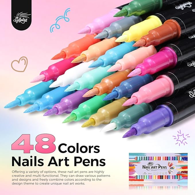 48 Colors(24Pcs-dual) Nail Art Pens Set, 3D Nail Polish Pens Quick-Drying Acrylic Paint Markers, Dotting Liner Brush for DIY Nail Design, Home & Salon Manicure Tools, MarkerPen