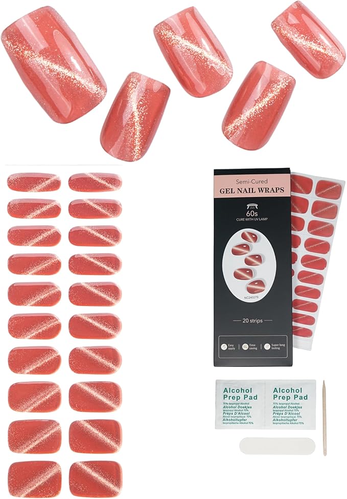 Cat Eye-Inspired 20pcs Semi Cured Gel Nail Strips - Salon-Grade DIY Wraps with Glaze Texture, Easy Application, UV Light Required for Stylish Nails