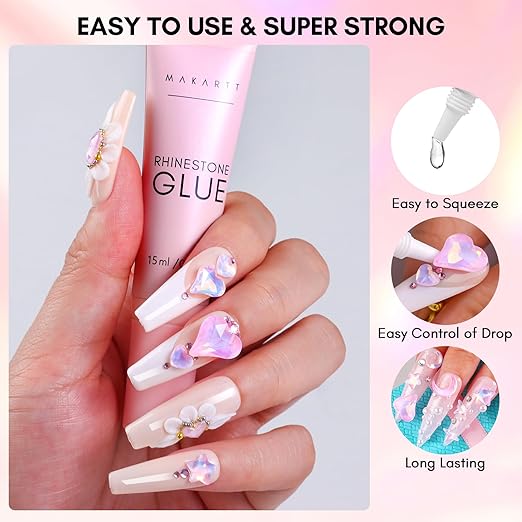 Makartt Nail Charms Rhinestone Glue Kit, 15ml Gel with 100PCS Pink Rhinestones Gems 3D Decor with Tweezer Acrylic Supply for Nails Techs