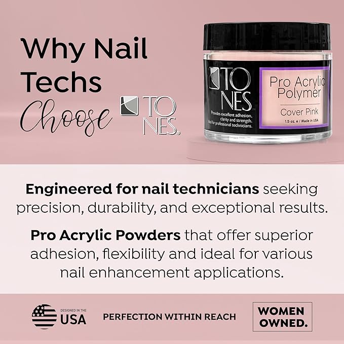 Tones Pro Acrylic Nail Powder, Cover Pink (Soft Nude Pink), (1.5 Fl Oz) - Long-Lasting & Non-Yellowing Polymer for Salon Quality Nail Extensions & 3D Art