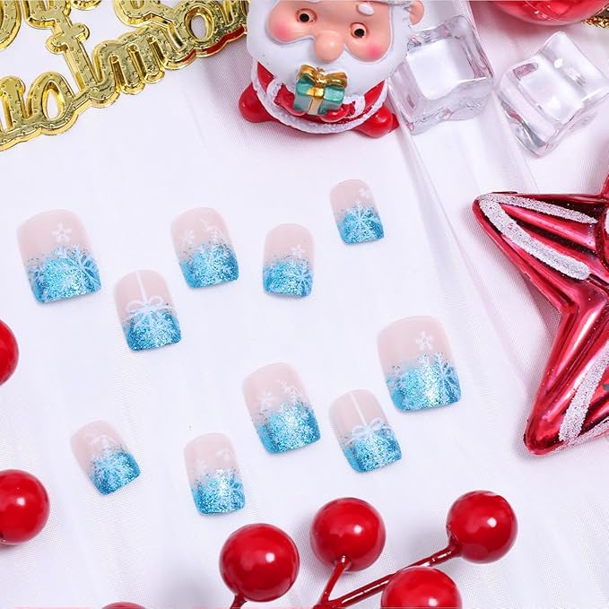 24Pcs Christmas Press on Nails Short Square French Tip Fake Nails with Blue Glitter Snowflake Design Winter False Nails Full Cover Artificial Glue on Nails Santa Stick on Nail for Women Xmas DIY Gift
