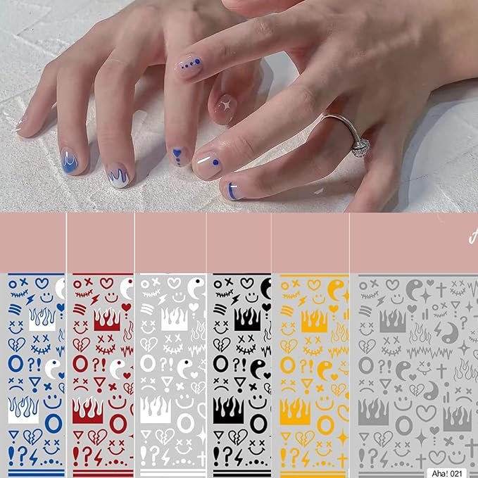 6 Sheets Nail Art Sticker Decals for Men, ins Minimalist Style Klein Blue Flame Nail Art Sticker Decals Impressionist Lines Star for Men Girls Nail Art Decoration (6 Colors)