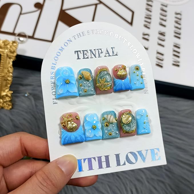 Handmade Duckbill Press on Nails Short - Ocean Blue 3D Shell Starfish Glitter Design Fake Nails with Tools, Acrylic Glossy Reusable Y2K False Duck Nails for Women Girls(S)
