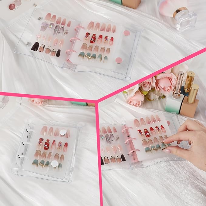 Press On Nail Organizer, 2Pcs Press On Nail Binder Book with 12 Insert Pages-A8 Sized & Double Sized Tape, Fake Nails Swatch Display Collecting Storage Book(Pink+White)