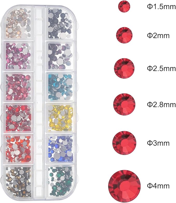 uxcell 1500Pcs Round Flatback Rhinestones Set, 6 Size Glass Flat-Back Crystal Diamonds with Tweezers and Picking Pen for Nail Art Makeup Crafts Fabric DIY Decoration, Multicolor