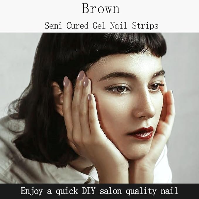 20Pcs Semi Cured Gel Nail Strips Brown Gel Nail Stickers UV/LED Light Needed Full Polish Nails Wraps Gloss Nails Polish Strips for Women Includes Prep Pads, File, Wooden Cuticle Stick