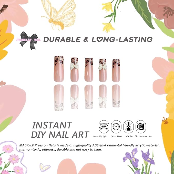 French Tip Press on Nails Long Square MABKJLF Fake Nails False Nails with Leopard Print Bow Charms Designs Fall Glossy Glue on Nail Autumn Acrylic Nails for Women Girls 24Pcs