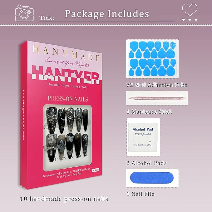 Black Press on Nails with 3D Floral Carving, Skull & Cross Charms, Long Stiletto Glossy Punk Fake Nails, Reusable Edgy Gothic False Nails for Women Concert Night Party (Size M)