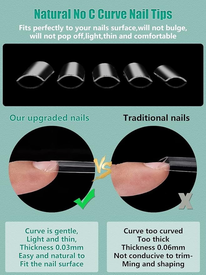 480PCS Extra Long NO C Curve Nail Tips XL, 2 Packs Natural and Clear Nail Tips for Acrylic Nails Professional Set, 12 Sizes Straight Tapered Square Press on False Nail Tips for Nail Art Salon Home DIY
