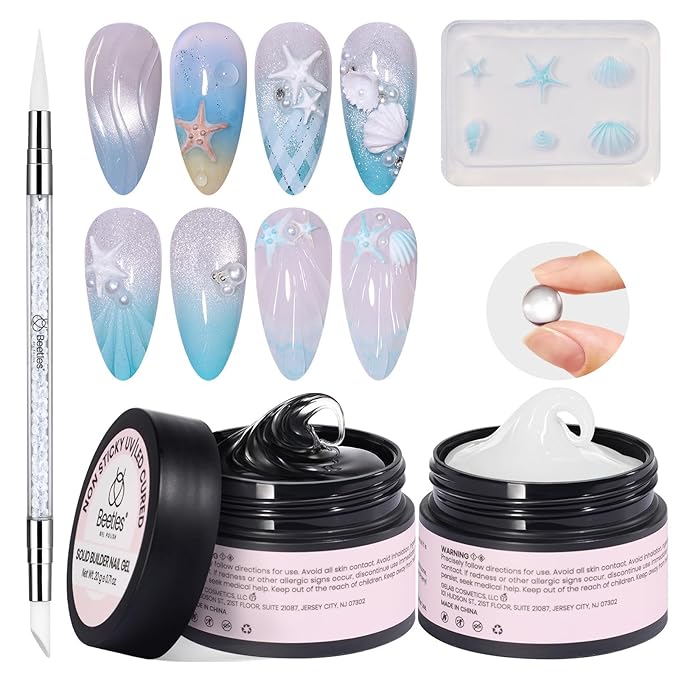 Beetles 3D Gel Nail Art with 3D Mold-2 Pcs Sandy Glow Clear and White Solid Builder Gels for Nails Non-Sticky Sculpting with Dual-Ended Sculpture Pen, Beginner Friendly DIY at Home,UV LED Lamp Needed