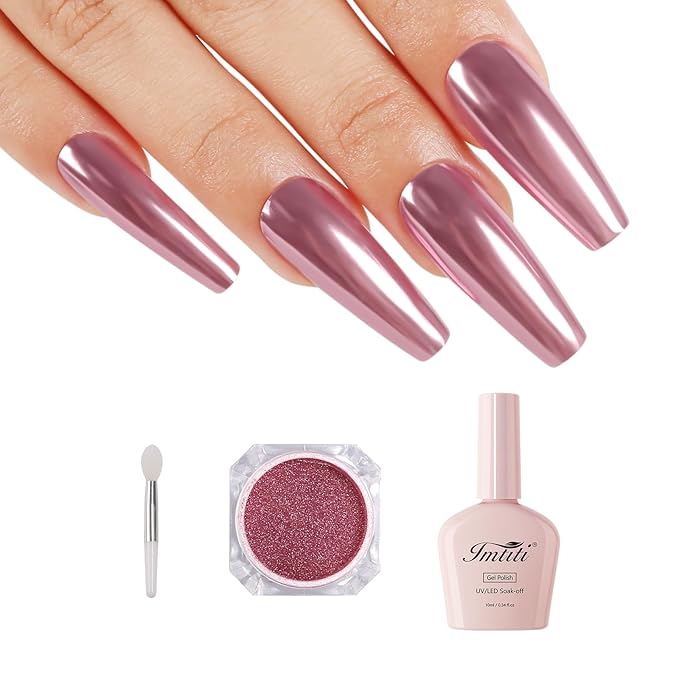 Imtiti Rose Gold Chrome Nail Powder Kit,1g Pink Meatllic Mirror Effect Powder with 10ml White Color Gel Polish Metal Nail UV DIY Kit