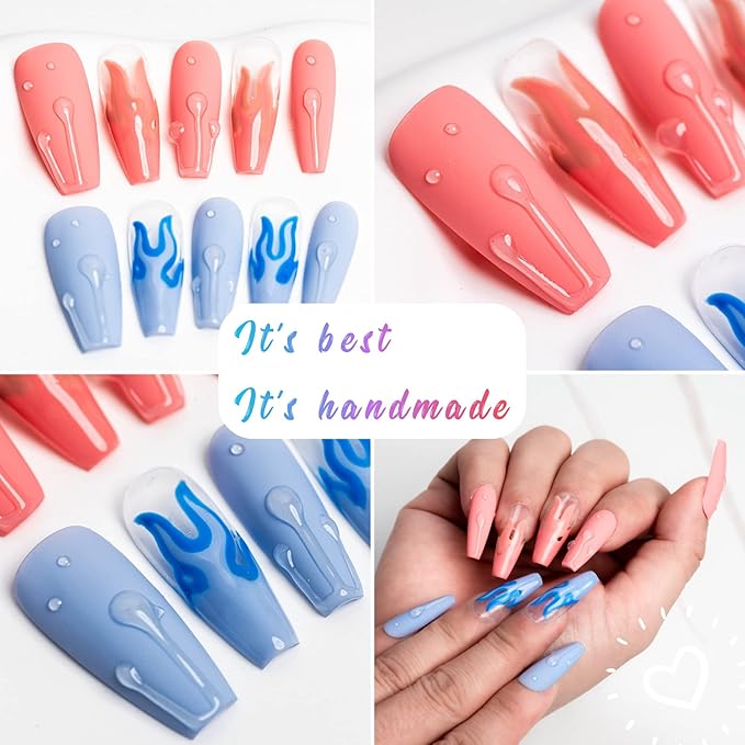 Sun&Beam Nails Handmade Long Coffin Ballerina Pink Blue False Nail Tips with Cute 3D Water Drops Popular Charm Design Press On Nails 10 Pcs (#025 L)