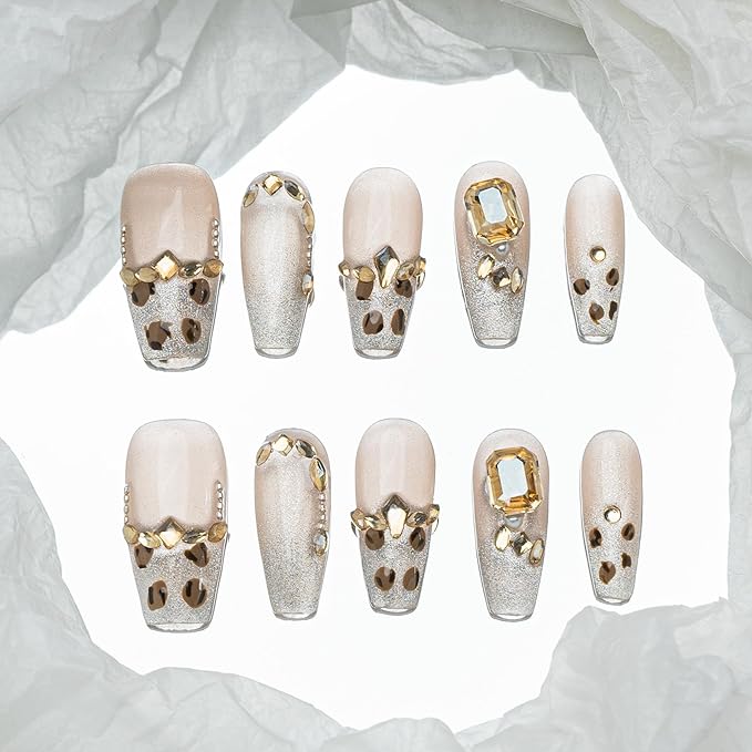 Sun&Beam Nails Handmade Press-on Long Coffin Ballerina Nude Beige Nude Beige Gold Leopard Print Rhinestone French Design Fashion False Nail Tips 10 Pcs Set (#202 S)