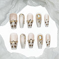 Sun&Beam Nails Handmade Press-on Long Coffin Ballerina Nude Beige Nude Beige Gold Leopard Print Rhinestone French Design Fashion False Nail Tips 10 Pcs Set (#202 L)