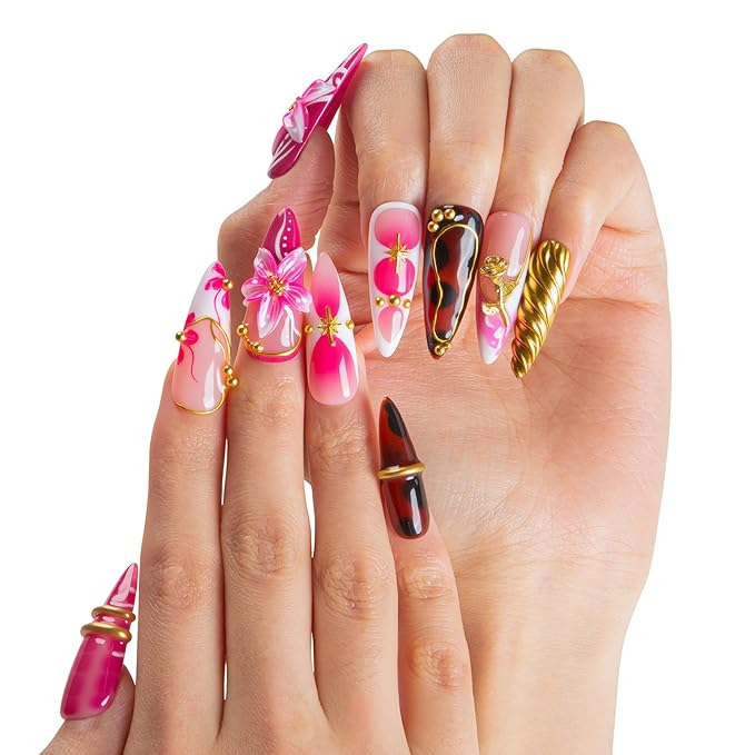 LOVFUL Short Press on Nails Flaming Desire | Handmade Acrylic Press ons| Reusable Fake False Nails | Stiletto Classic Regular 1.3in | H690-S