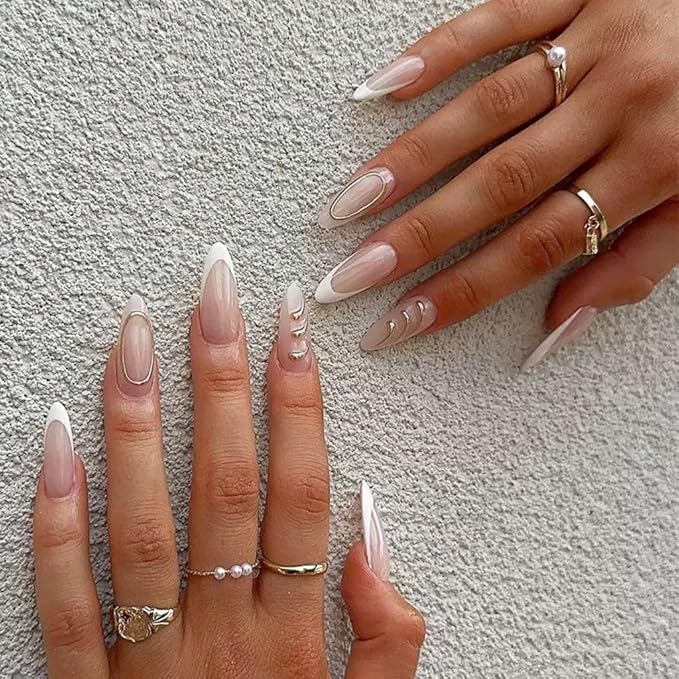 Almond Press on Nails Medium - White French Tip Fake Nails with Gold Circle Design - Glossy Elegant Full Cover Stick on Press ons - for Women 24 Pcs