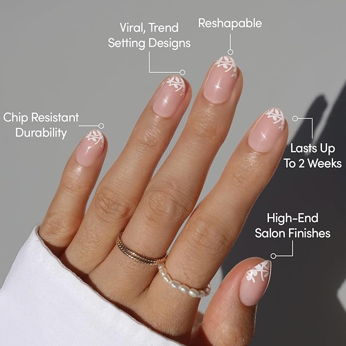 Valentines Day Glamnetic Press On Nails - Love Preserved | Short Oval Fake Nails in Semi-Transparent Base with White Floral Tips in a Glossy Finish | 15 Sizes - 30 Nail Kit with Glue