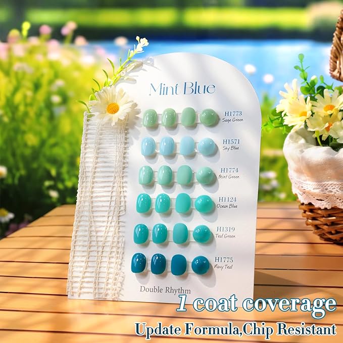 Double Rhythm 6 Pcs Hema Free Gel Polish Set 0.50 OZ Same Color Same Bottle Soak Off Neutral Natural Milky Gel Polish Kit Nail Art Manicure Salon DIY at Home (Pale Green Mint Blue Teal-H6-14)