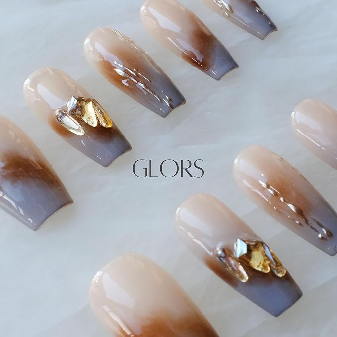 Ombre Press On Nails, Long Ballerina Style, Nude to Gray with Gold Accent, Handmade False Nail 10 Pieces (Medium,LB)