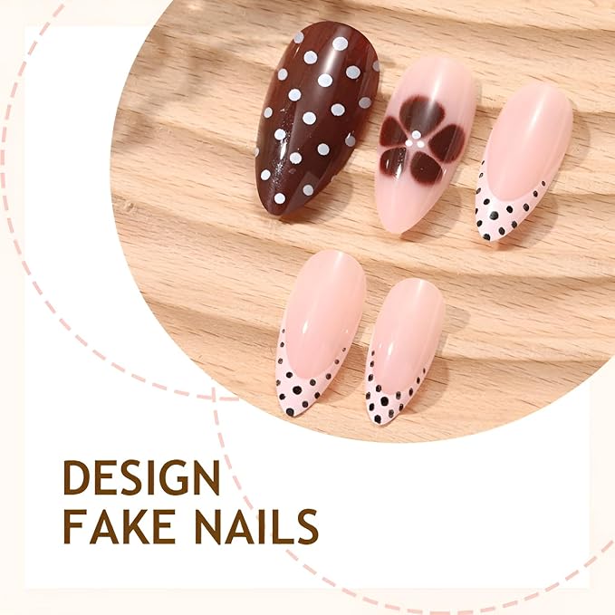 24Pcs Polka Dot French Tip Press on Nails Medium Almond Fake Nails Flower False Nails Nude Nails Press Ons Glossy Full Cover Stick on Nail Polka Dot Glue on Nail for Women Decoration Set 24Pcs