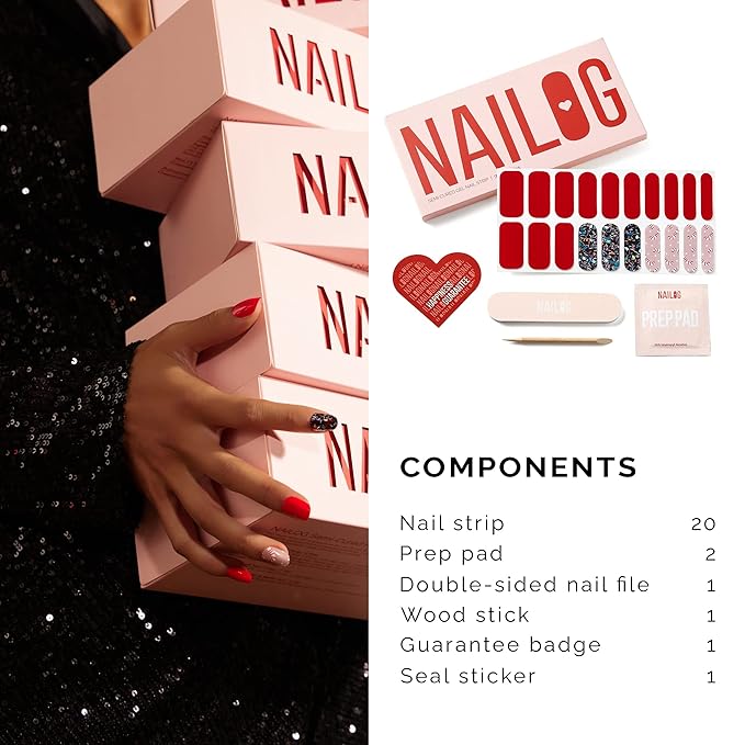NAILOG Semi Cured Gel Nail Strips for Christmas Day, 20Pcs Red Candy Lasting Gel Nail Stickers, Salon Quality Easy Apply & Remove Works with Any UV/LED Nail Lamps, Dazzling Night