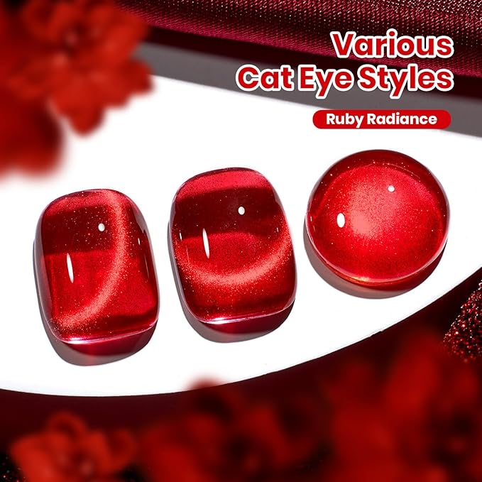 Beetles Stay Shining Ruby Radiance Red Cat Eye Gel Nail Polish - 15ML Red Cat Eye Glitter Gel Polish Magnetic Shimmer Effect Soak Off UV Design Salon DIY Manicure Gifts for Women