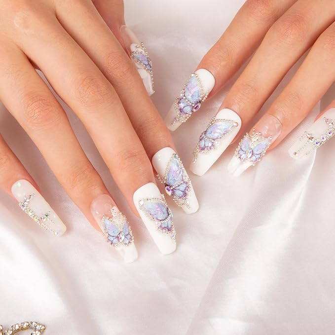 LOVFUL Press on Nails Holly Blue | Handmade with Full Covered Crystals | Reusable Fake Nails | Coffin Classic Regular 1.3 in | H23-L