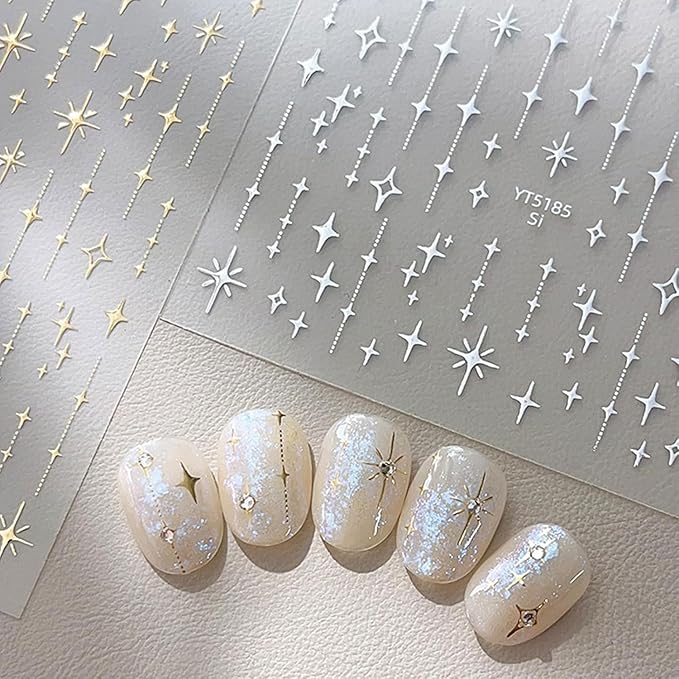 3 Sheets Star Nail Art Stickers 3D Self Adhesive White Silver Gold Nail Stickers Star Nail Decals with Design Glitter Nails Supplies for Women Girls DIY Manicure