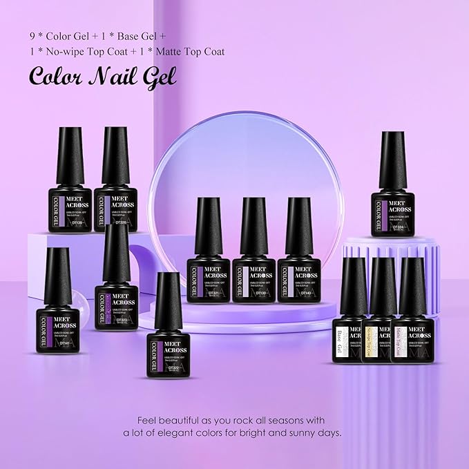 MEET ACROSS 9 Colors Gel Nail Polish + 3PCS Function Gel Nail Polish Kit,Fashion Nail Art Set Design Gifts for Women Manicure Salon (SET10, 12pcs)
