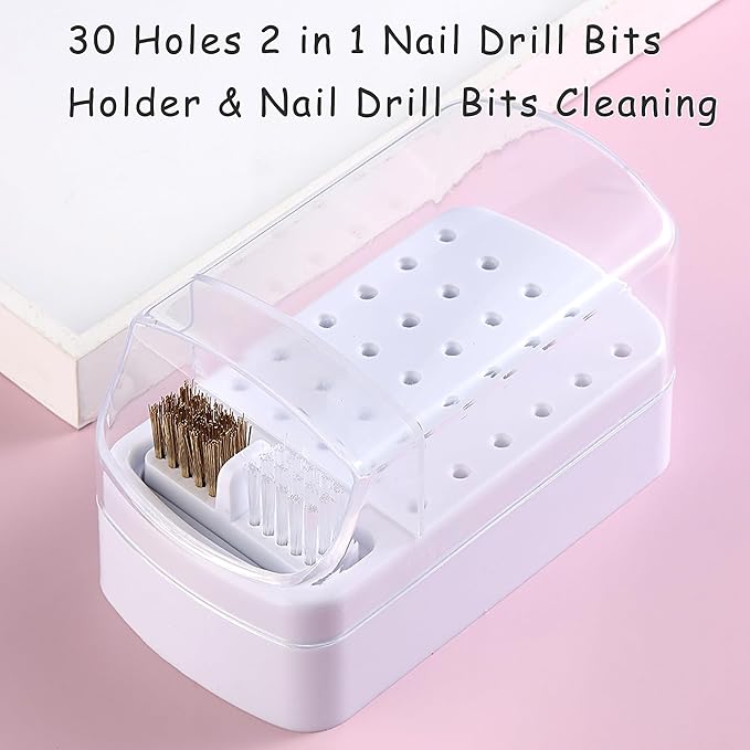 Nail Bit Holder & Nail Drill Bit Cleaner 2 in 1, 30 Holes Nail Drill Holder Organizer Nail Bit Brush Cleaner Drill Bit Holder for Nails Dustproof Stand Displayer Storage Box Tools-White