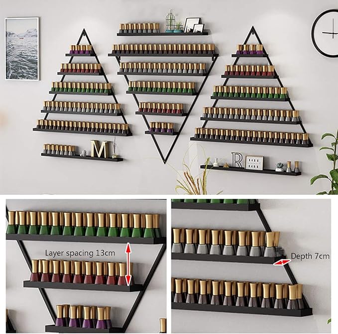 Wall Mounted Nail Polish Rack Triangle Metal Storage Rack 6 Sets Nail Polish Holder Essential Oil Holder, for Nail Techs Nail Salon Shop/Retail Shop,Black