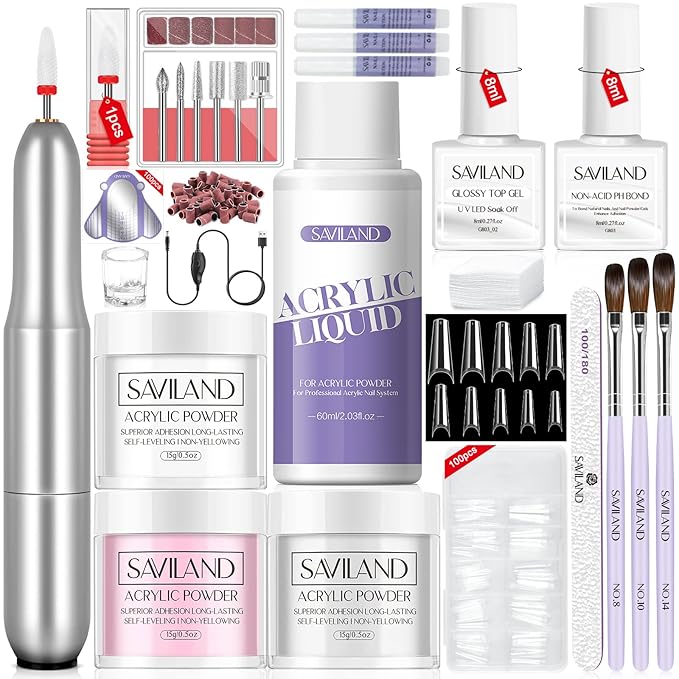 SAVILAND Acrylic Nail Kit with Drill: 15g White Pink Clear Acrylic Powder and Liquid Set with False Tips Nail Forms Brushes Primer Top Gel Manicure Tools Kit with Everything for Beginners Home DIY
