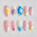 Luxury Press on Nails Medium Almond Handmade 3D Unique Reusable ABS Material Fake Nails French Tip False Nails with Designs Plumeria Hawaii Art Petal Glossy Glue on Nails Thick Acrylic Nails(S)