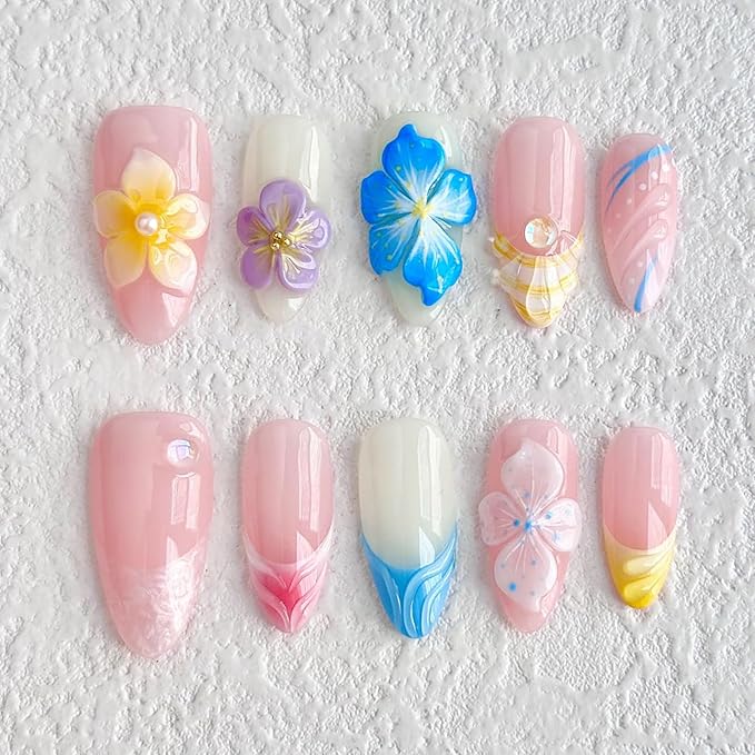 Luxury Press on Nails Medium Almond Handmade 3D Unique Reusable ABS Material Fake Nails French Tip False Nails with Designs Plumeria Hawaii Art Petal Glossy Glue on Nails Thick Acrylic Nails(S)