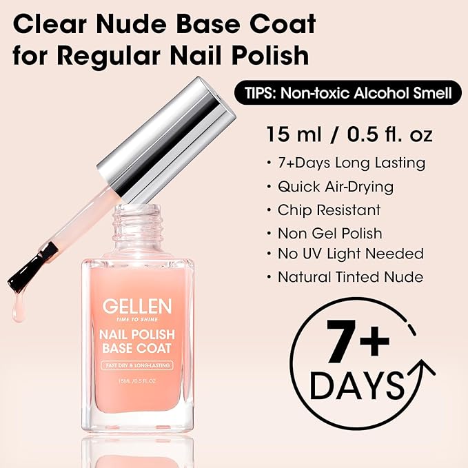 GELLEN Clear Nail Polish Base Coat Sheer Nude, Quick Air Dry Calcium-Formula Regular Nail Polish Strengthens Nails, Enhances Natural Look, Anti-Yellowing, TPO & Hema Free, Non-toxic
