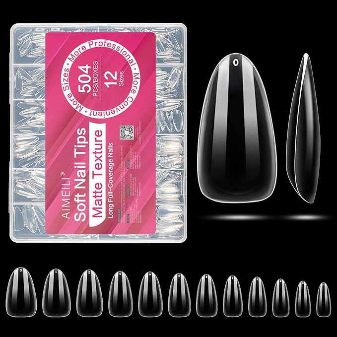 AIMEILI Medium Stiletto Nail Tips, 504pcs Half Cover Short Gel Nail Tips Clear Fake Nails for Nail Extension DIY Nail Salon, 12 Sizes
