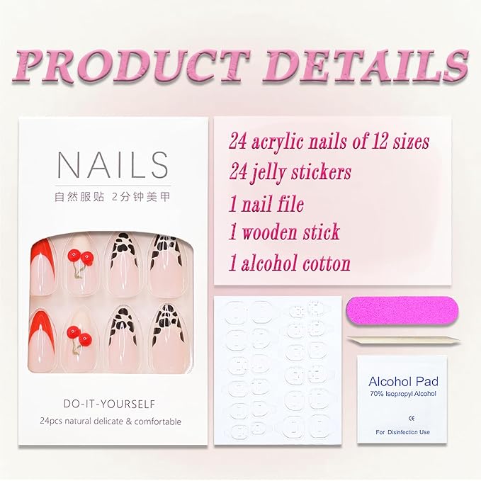 French Tip Press on Nails Medium Almond MABKJLF Cute Fake Nails Fruit False Nails with Designs Cherry Charms Leopard Print Glossy Glue on Nails Acrylic Nails Stick on Nails for Women Girls 24Pcs