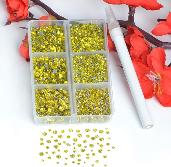 Bymitel Hotfix Crystal Rhinestones Round Gems for Crafts,Mixed 6 Sizes with Wax Pencil Kit, Citrine1.3-3.2mm(SS3-SS12/8000pcs)