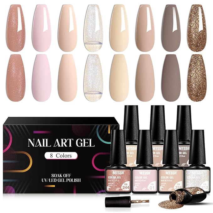 MTSSII Gel Nail Polish Set - 8 Colors Nude Gel Polish All Seasons Skin Tones Pink Neutral Brown Gel Polish Kit Soak Off LED Gel Nail Kit Manicure DIY Home