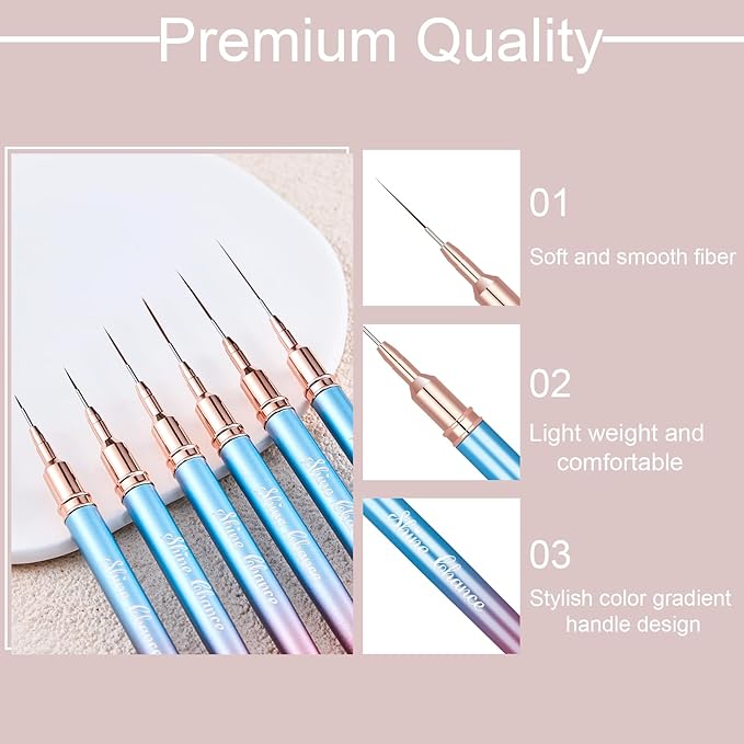 Shince Chance Nail Art Liner Brushes Set, 6Pcs Nail Art Design Brush Pen for Gel Polish Fine Drawing, Small Details Stripping Painting Nail Painting Pens, Acrylic Nail Art Design Tools, Blue