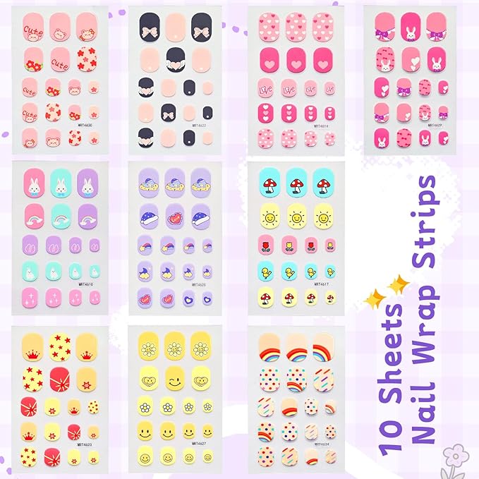 Nail Stickers for Kids, 10 Sheets Self-Adhesive Nail Wrap Strips for Little Girls, Toddler Age 8 and Older, Fun DIY Nail Art