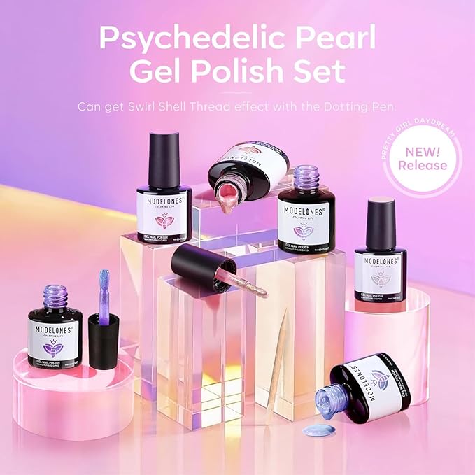 Modelones Gel Nail Polish, 6 Colors 2026 Spring Pastel Shimmer Pearl White Pink Purple Mermaid Nail Drawing Glitter Gel Polish with Dotting Pen Soak Off LED Swirl Shell Thread Effect DIY Nail Art Gift