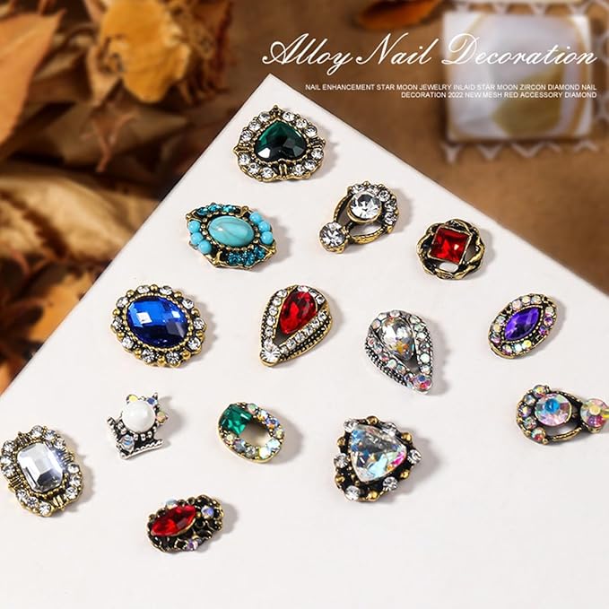 24 Pcs Retro Gold Nail Charms, qiipii 12 Pair 3D Alloy Luxury Nail Gems Elegant Heart Retro Rhinestones for Nails Golden Nail Crystals Diamonds Stones, Nail Art Supplies for Nails Decoration Crafts