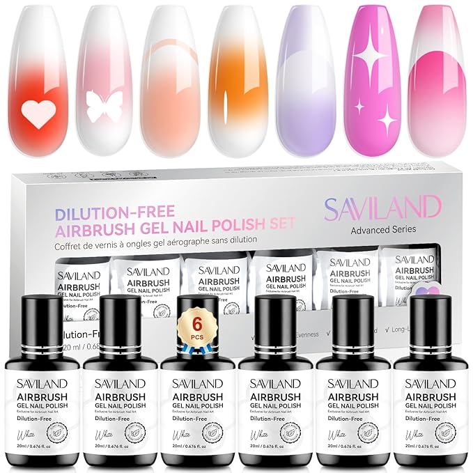 SAVILAND Dilution-Free Airbrush Gel Nail Polish Hema-Free: 20ml 0-Acetone 6PCS White Nail Polish for Airbrush Pure Formula No Clogging Gel Airbrush Paint for Nails Coverage for Ombre Nail Art Salon