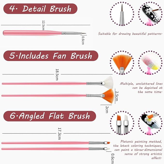 15 Pcs Nail Art Acrylic Brush Set Painting Pen Art Salon Brush Tools Nail Decoration Kit (Pink)