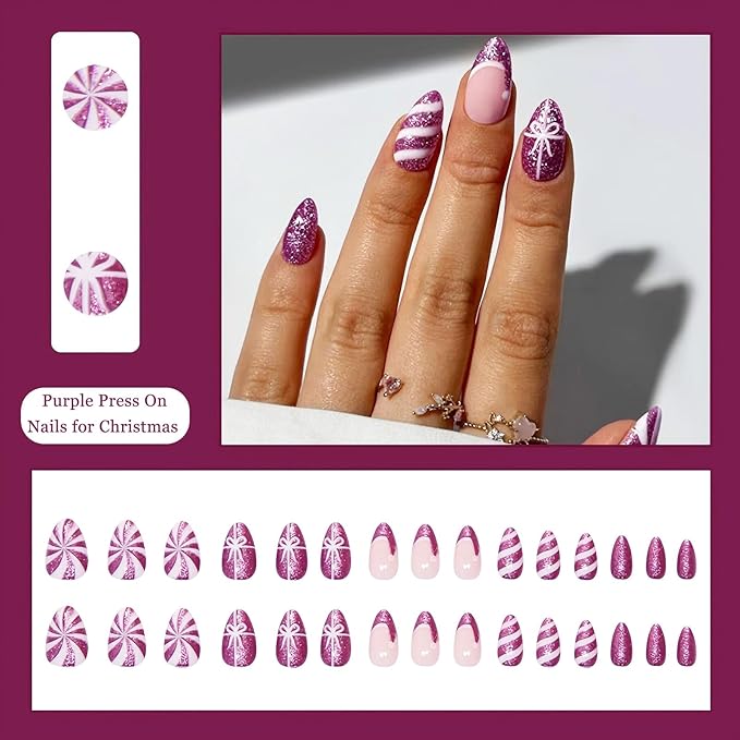 30pcs Shining Purple Short Almond Press On Nails with Candy, Bows, and Hats for Themed Costumes, Reusable Nail Kit with Nail Adhesive Tabs Mini Nail File, 15 Sizes (Purple)