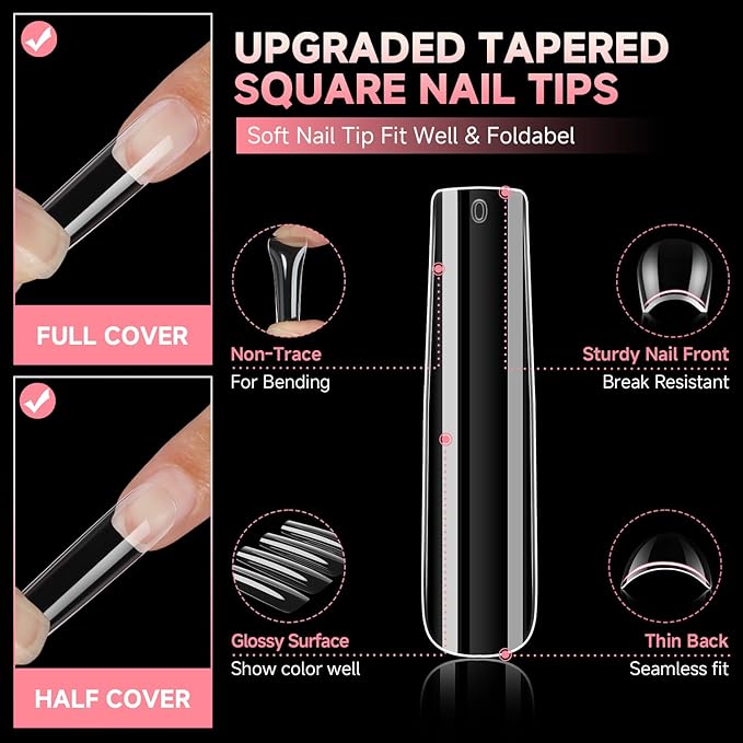 UNA GELLA Nail Tips Square Fake Gel Nails Tips 120 PCS No C Curve XXL Extra Long Full Cover Square Straight Curved Tapered Acrylic Nails for Press on Nail Extensions Salon Home DIY with Box
