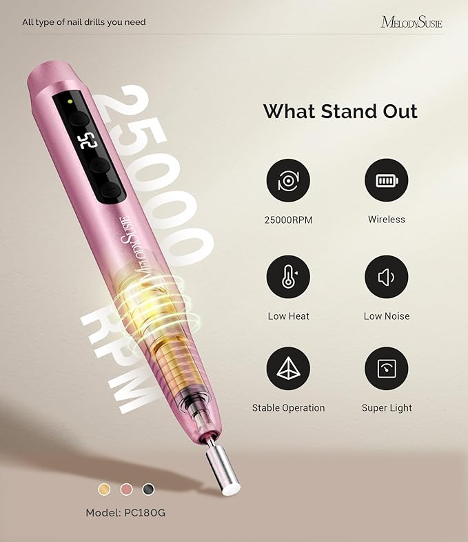 MelodySusie Pen-Shaped Portable Cordless Nail Drill,PC180G 25000RPM Rechargeable Electric File with LED Display for All Nail Care, Manicure Shaping & Acrylic Gel Removal for Nail Artists DIY at Home