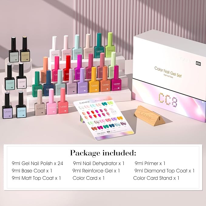 CANNI CC8 30Pcs 9ml Hema-Free Spring Summer Gel Nail Polish Set, Pastel Gel Polish Kit Neon Hot Pink Purple Green Orange Glitter Colors for Salon and DIY Manicure at Home