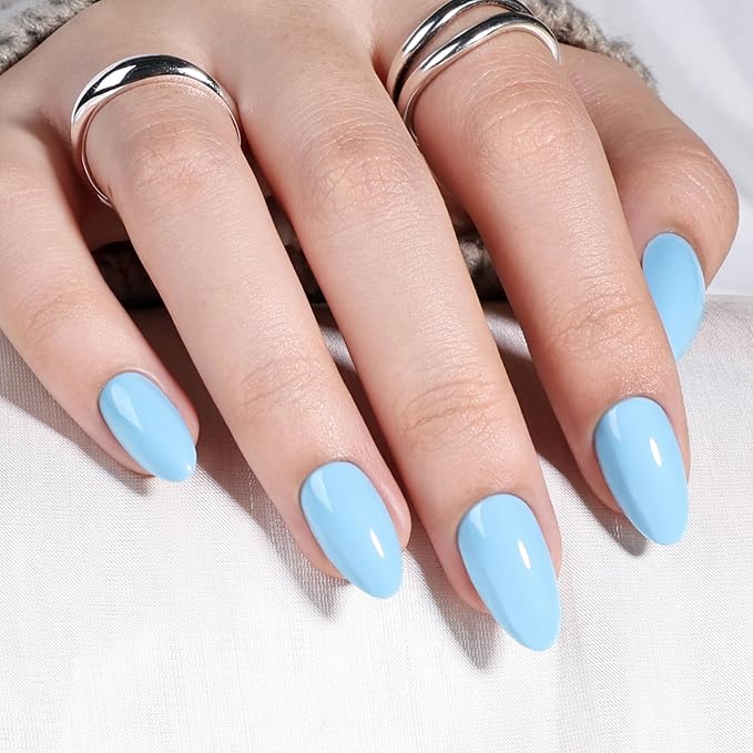 Blue Press On Nails Almond - Blue Almond Fake Nails, Short Press On Nails Reusable Stick On Nails in 16 Sizes, 32pcs False Nail Kit for Women & Girls(SoftBlue)
